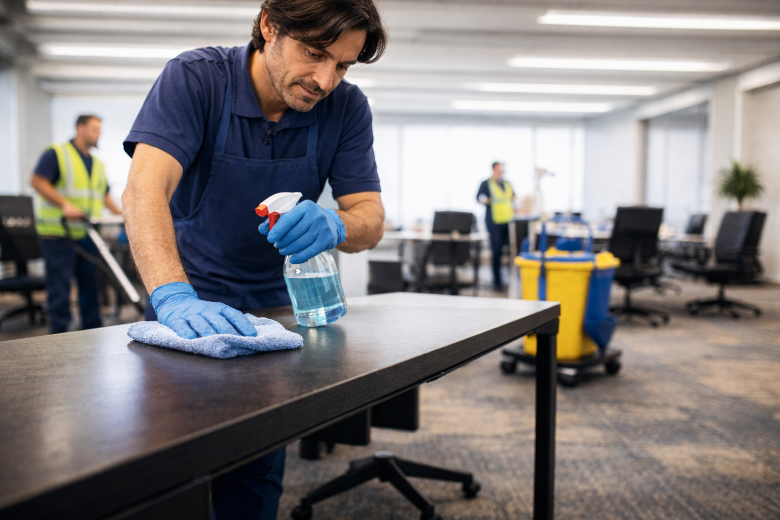 Man cleaning a desk in a shared work space.