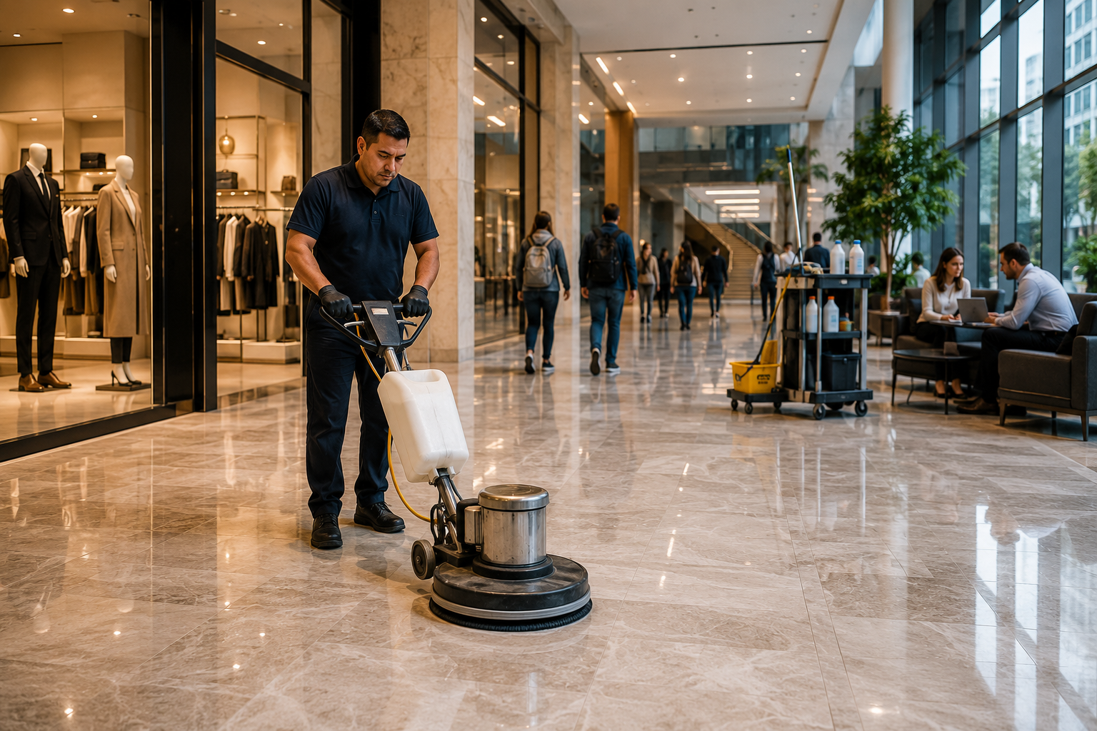 Man cleaning marble floor