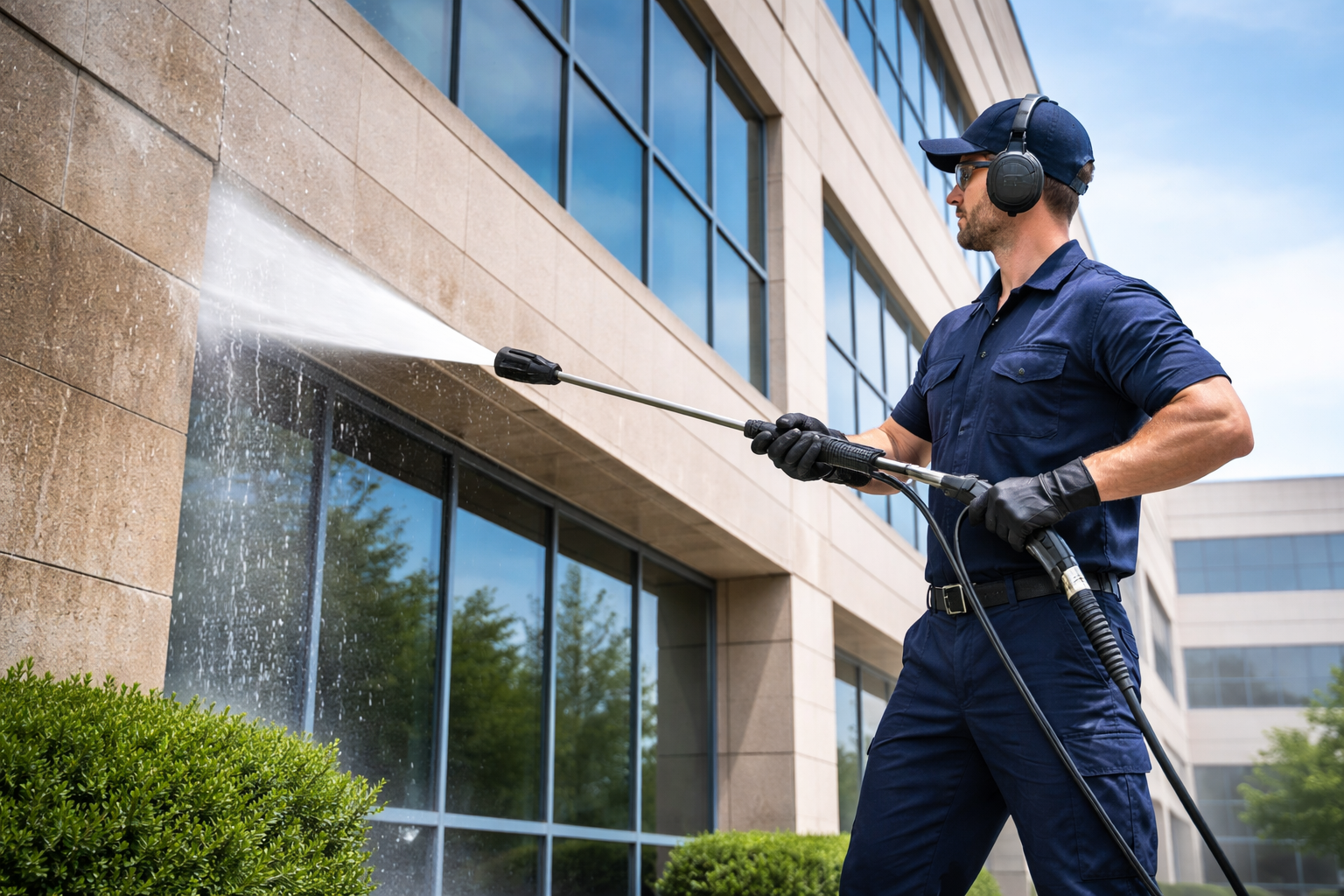 Man power washing a commercial building