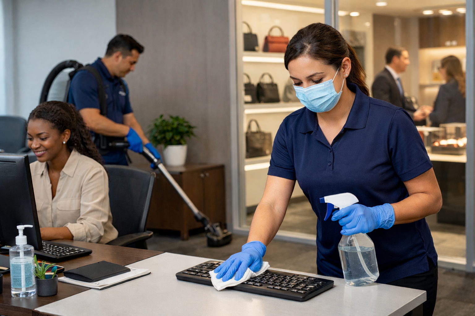 Cleaners cleaning an office within a retail store.